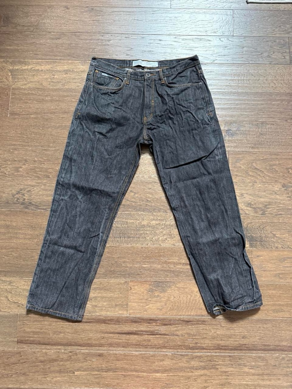 Y2K Rocawear Men's Dark Wash Jeans with Tan Stitching